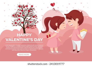 Charming Valentine's Day banner featuring a cute couple in a vector background. Spread love with this adorable design!