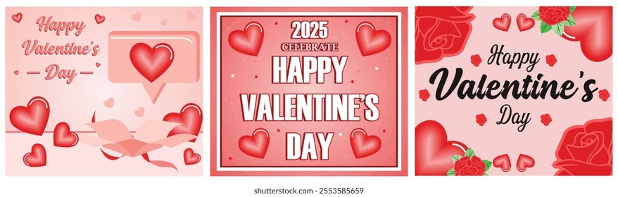 Charming Valentine's Day card. Conveying love and celebration. Red roses and heart elements on a pink background. Set flat vector modern illustration 