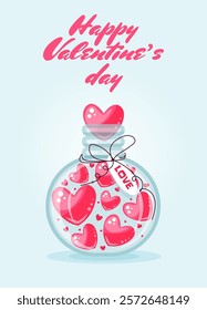 Charming valentines day card design with jar of hearts. Sweet celebration, holiday of love. Vector illustration in flat cartoon style. Pink blue colors