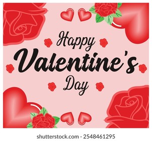 Tarjeta encantadora del día de San Valentín con rosas rojas y Elementos de corazón sobre un fondo rosa. Perfecto para expresar amor y afecto en este día especial. Ilustración moderna de Vector plano 