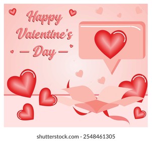 Tarjeta encantadora del día de San Valentín con una variedad de corazones rojos y un mensaje de amor. Ideal para expresar romance y afecto en estas vacaciones especiales. Ilustración moderna de Vector plano 