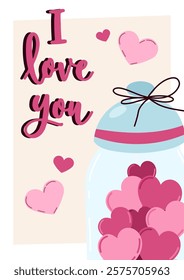 Charming Valentine's Day card with lettering "I love you", jar filled with adorable pink hearts. Vector romantic Valentine's Day details illustration with sweet love message in flat style. For banners