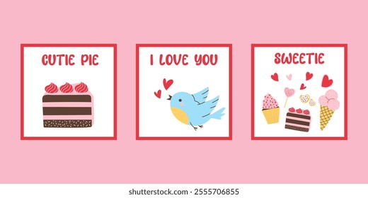 Charming Valentine's Day Cards Set. Flat Vector Illustrations. Cake, bird, sweets