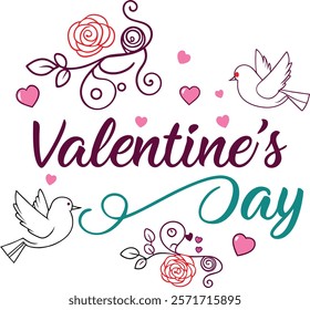 Charming Valentine's Day design with birds and flowers.
