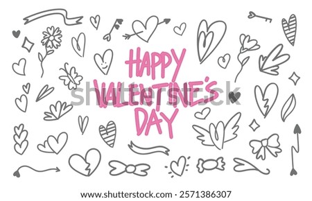 Charming Valentine's Day doodle illustration with hand-drawn hearts, arrows, and flowers for romantic celebrations