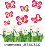 A charming Valentine's Day drawing featuring smiling butterflies with heart-shaped wings fluttering over a field of daisies. A delightful love-themed design perfect for greeting cards. 