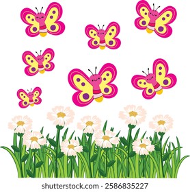 A charming Valentine's Day drawing featuring smiling butterflies with heart-shaped wings fluttering over a field of daisies. A delightful love-themed design perfect for greeting cards. 