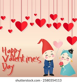 Charming Valentine's Day Illustration with Adorable Couple and Hanging Hearts