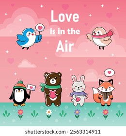 Charming Valentine's Day illustration featuring a group of cute animals and birds holding hearts and love letters on a pink background with the inscription "Love is in the air".