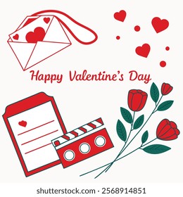 A charming Valentine's Day illustration featuring a red and green theme, with elements like an envelope, roses, hearts, a clapperboard, and a love letter, all set against a light beige background.