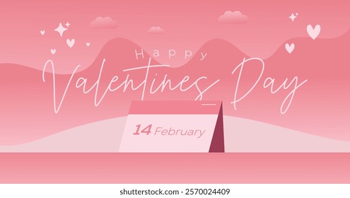 A charming Valentine's Day illustration featuring a calendar with the date "14 February" highlighted. The scene is set against a soft pink background with whimsical clouds, hills, and floating hearts,