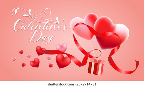 A charming Valentine's Day illustration featuring colorful hearts festive text two heart shaped balloons tied with a red ribbon and a small gift box radiating love and celebration







