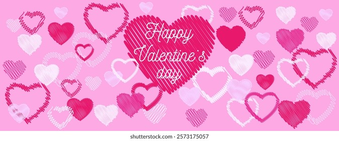 Charming Valentine's Day illustration featuring sketched hearts in various shades of pink and white on a light pink background. Ideal for love-themed designs, banners, greeting cards