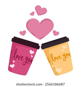 Charming Valentine's Day illustration with two coffee cups decorated with "I love you" text, surrounded by soft pink hearts. Cute vector illustration in festive romantic flat style. For postcards.