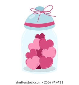 Charming Valentine's Day of jar filled with pink hearts and Topped with delicate bow on white background. Cute flat illustration in vector love day concept. For romantic decor, cards, invitations.