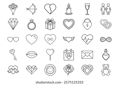 Charming Valentines Day Outline Icons with Hearts, Gifts, Couples, Roses, and Wedding Symbols