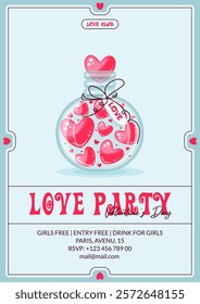 Charming valentines day party invitation with jar of hearts. Vector illustration for romantic mood, love, joy, your party. Flat cartoon style