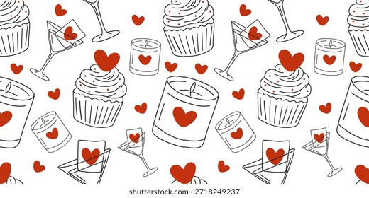 Charmantes Valentinstag-Muster mit Cupcakes, Cocktails und Kerzen. Flacher Vektorhintergrund mit roten Herzen und romantischen Dattelelementen einzeln auf Weiß. Minimalistisches Feiertagsmapier.