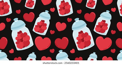 Charming Valentine's Day seamless pattern with jars filled with red hearts on stylish black background. Vector flat illustration in love romantic mood concept. For Valentine's decor, print, gift paper