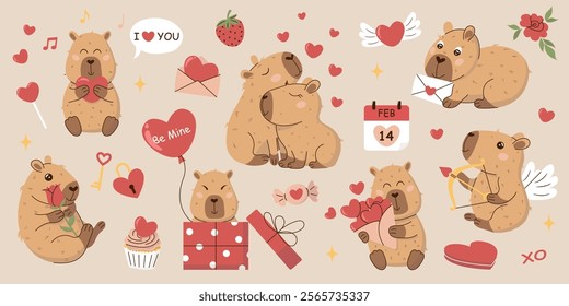 A charming Valentine's Day sticker set featuring adorable capybaras, hearts, gifts, and romantic icons. Perfect for cards, scrapbooking, digital designs, and social media. Cute and whimsical style.