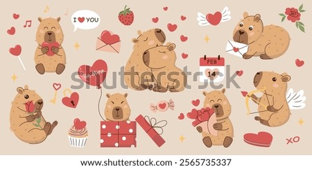 A charming Valentine's Day sticker set featuring adorable capybaras, hearts, gifts, and romantic icons. Perfect for cards, scrapbooking, digital designs, and social media. Cute and whimsical style.
