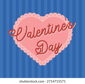 Una encantadora Ilustración vectorial de San Valentín con un corazón de encaje rosa con caligrafía "Día de San Valentín" sobre un fondo de rayas azules. Perfecto para saludos románticos, tarjetas y carteles.