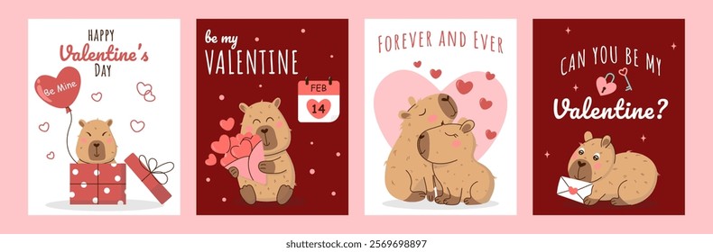 Charming Valentines Day vector poster set featuring cute capybaras, romantic elements, and sweet messages. Ideal for greeting cards, posters, social media, and invitations. Fun and whimsical design.