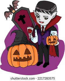 Un encantador vampiro toma vino con sus mejores murciélagos amigos para Halloween.