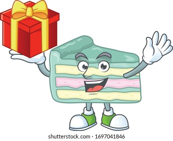 Charming vanilla slice cake mascot design has a red box of gift