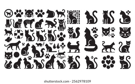 A charming variety of cat silhouettes displaying diverse poses, facial expressions, paw prints, and playful designs