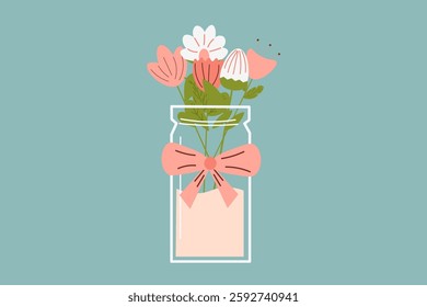 A Charming Vase Filled with Colorful flowers Adorned with a Beautiful Ribbon. Vector illustration