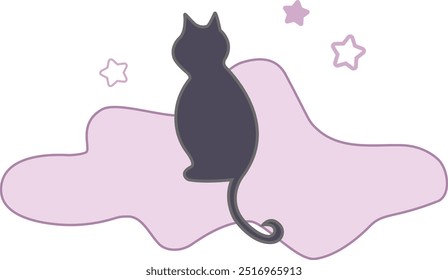 Charming vector art depicting a grey cat resting comfortably on a soft pink cloud. The design features a gentle, pastel color palette with smooth, clean lines, creating a dreamy and whimsical scene.