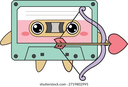 Encantador Arte vectorial de un nostálgico cassette rosa atravesado por el corazón de flecha de Cupido, en estilo kawaii con detalles brillantes y tonos pastel. Adaptada para audiencias de la generación Z que recuerdan la tecnología musical de los años 90, esta ilustración es ideal para temas del Día de San Valentín, listas de reproducción de amor, tarjetas de felicitación, invitaciones y Mercancía de inspiración retro. El diseño lindo y caprichoso promueve sentimientos de amor y nostalgia, adecuado para impresiones, Fondos de pantalla, pegatinas y gráficos de redes sociales. El formato EPS escalable garantiza versatilidad para uso profesional