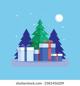  Charming vector artwork of gift boxes under a beautifully decorated Christmas tree on a moonlit snowy night, evoking holiday magic.