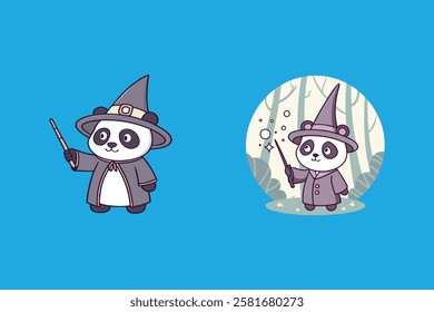 A charming vector artwork of a panda dressed as a wizard, casting sparkly spells with a magical aura. Perfect for fantasy-themed designs, prints, and digital projects.