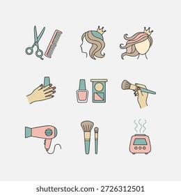 Charmante Vektorschönheit und kosmetische Elemente Set mit Salon-Tools und Make-up-Illustrationen für Wellness und Mode-Branding