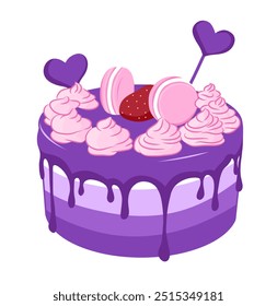 "Encantador pastel de cumpleaños de Vector con capas cremosas, caramelos y macarrones morados y rosados. Perfecto para invitaciones, tarjetas y decoración de fiesta. Diseño sencillo pero festivo para cualquier celebración.
