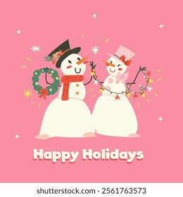 Charming vector card illustration of a couple of snowman and snowwoman on pink background. Perfect for Christmas cards, seasonal greetings, and winter-themed designs