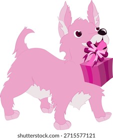 Encantador arte de Clip de dibujos animados de Vector de un perro terrier peludo rosa que lleva una caja de regalo romántica en la boca, perfecto para el día de San Valentín, saludos de cumpleaños o dulces gráficos temáticos de mascotas.