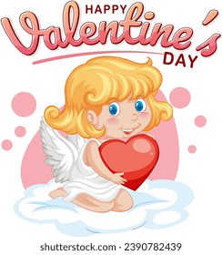 A charming vector cartoon illustration of a cute angel on a festive Valentine's Day icon banner