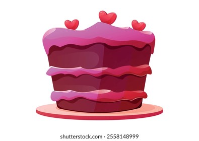 Charming vector cartoon isolated illustration, cake with pink frosting, heart decorations, lit candle. Birthday, wedding, or romantic Valentine's Day designs