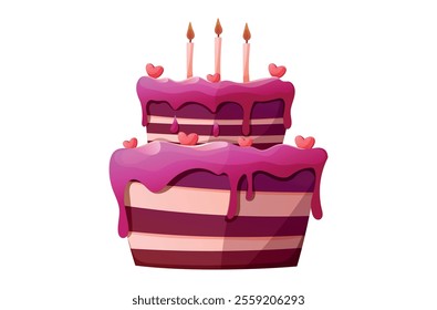 Charming vector cartoon isolated illustration, cake with pink frosting, heart decorations, lit candle. Birthday, wedding, or romantic Valentine's Day designs