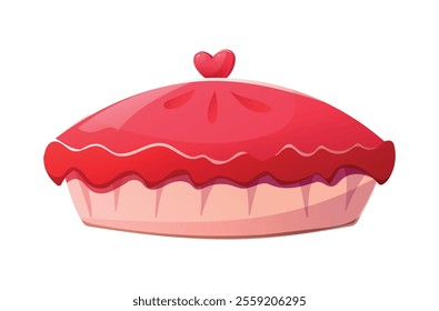 Charming vector cartoon isolated illustration, cake with pink frosting, heart decorations, lit candle. Birthday, wedding, or romantic Valentine's Day pie design