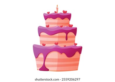 Charming vector cartoon isolated illustration, cake with pink frosting, heart decorations, lit candle. Birthday, wedding, or romantic Valentine's Day designs