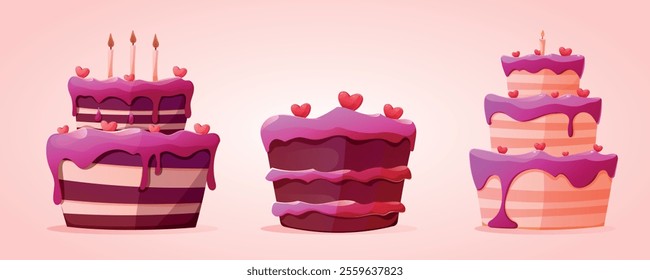 Charming vector cartoon isolated illustrations, set of cakes with pink frosting, heart decorations, lit candle. Birthday, wedding, or romantic Valentine's Day designs