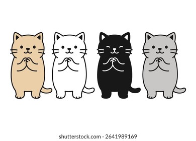 Charming vector cat characters in four colors (tan, white, black, gray) standing upright in a praying pose. Simple, cute, and perfect for stickers, prints, kids’ books, or greeting cards.