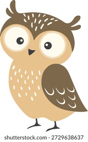 A charming vector clip art of a cute brown cartoon owl with large eyes. This simple and minimalist illustration is ideal for children’s books, educational materials, nature-themed designs, and various commercial or personal projects.