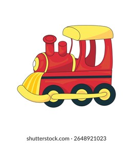 Charming vector clipart of a cute Christmas toy train in bright festive colors, ideal for holiday greeting cards, invitations, posters, and decoration elements. Adds playful joy to seasonal designs.