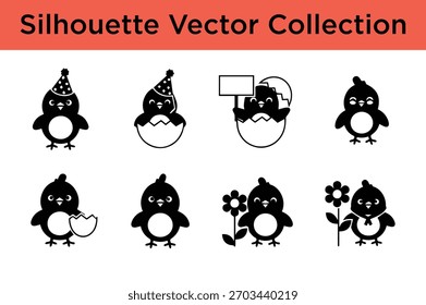 Una encantadora colección de Vector de siluetas de pollitos en varias poses, perfecta para Pascua, primavera y diseños temáticos para niños.
