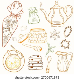 Charming vector collection of hand-drawn sweets, accompaniments for tea. Includes cookies, honey, lemon, biscuits, steaming teapots. Ideal for related to afternoon tea, dessert menus, pastry.